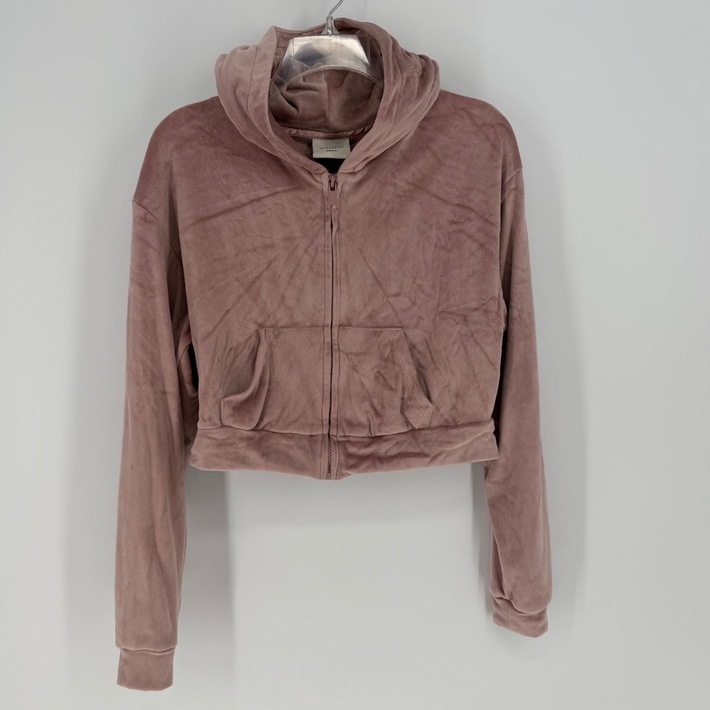 Sacre Womens Dusty Rose Mauve Plush Cropped Zip Up Hoodie with Thumbholes Small